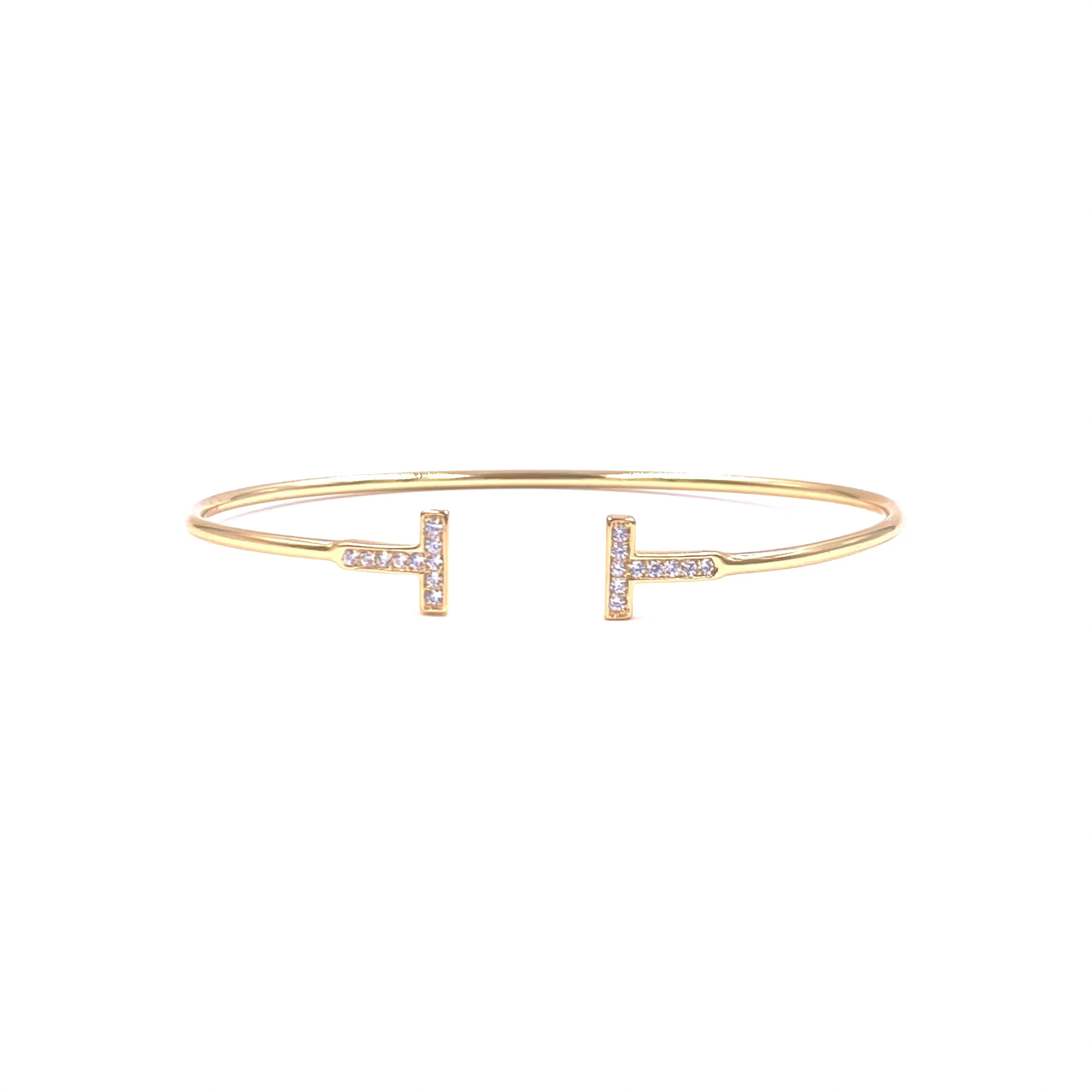 Ashley Gold Stainless Steel Gold Plated CZ T Design Bangle Bracelet