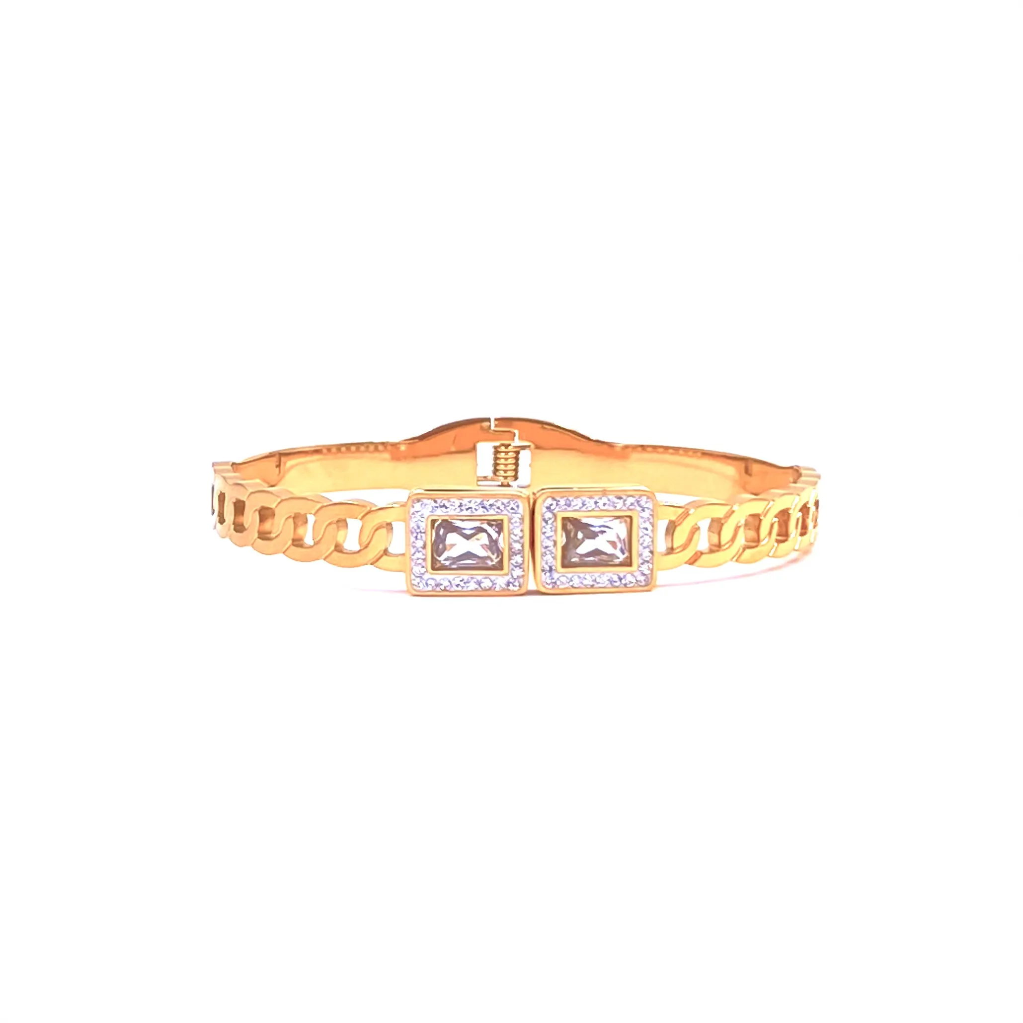 Ashley Gold Stainless Steel Gold Plated Square CZ Design Curb Link Design Bangle Bracelet