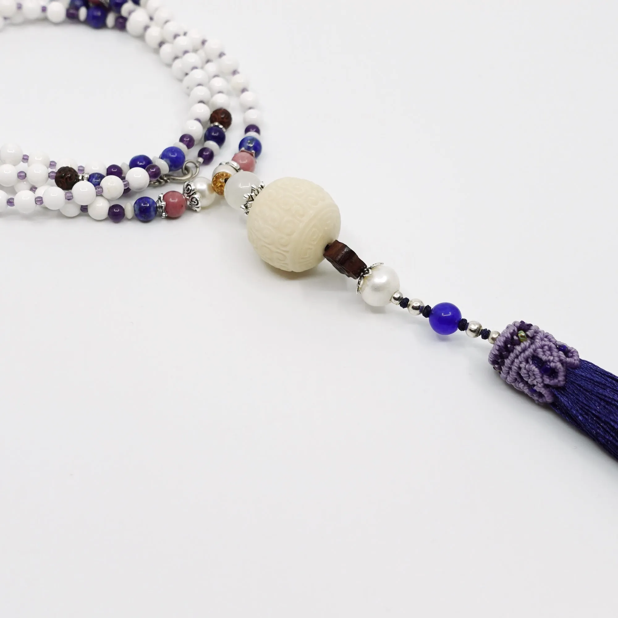 Beaded Tridacna and Amethyst Necklace with Blue Silk Tassel