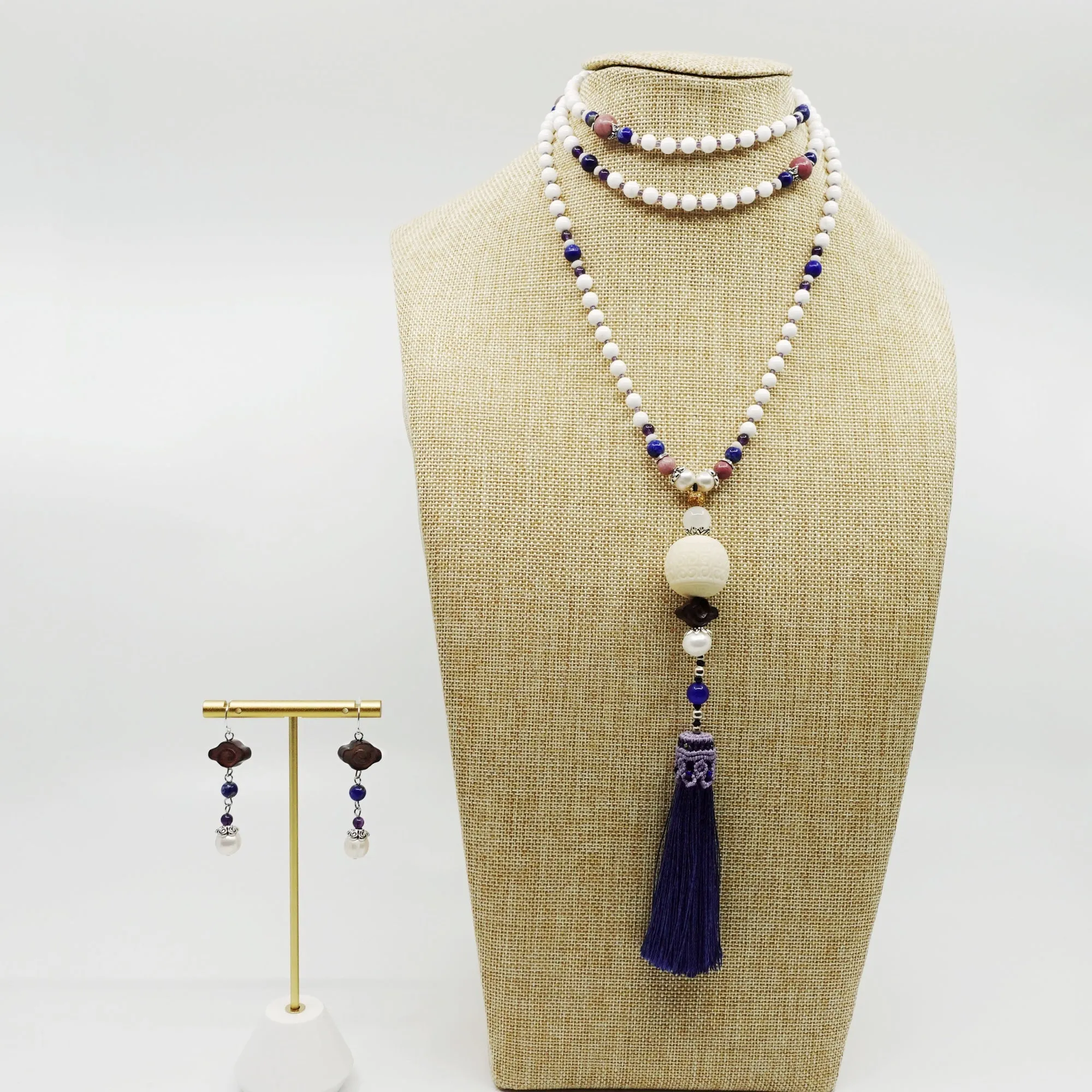 Beaded Tridacna and Amethyst Necklace with Blue Silk Tassel