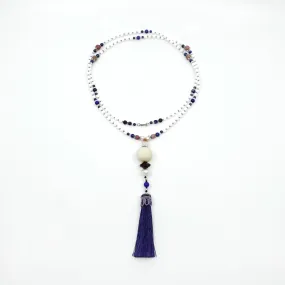 Beaded Tridacna and Amethyst Necklace with Blue Silk Tassel