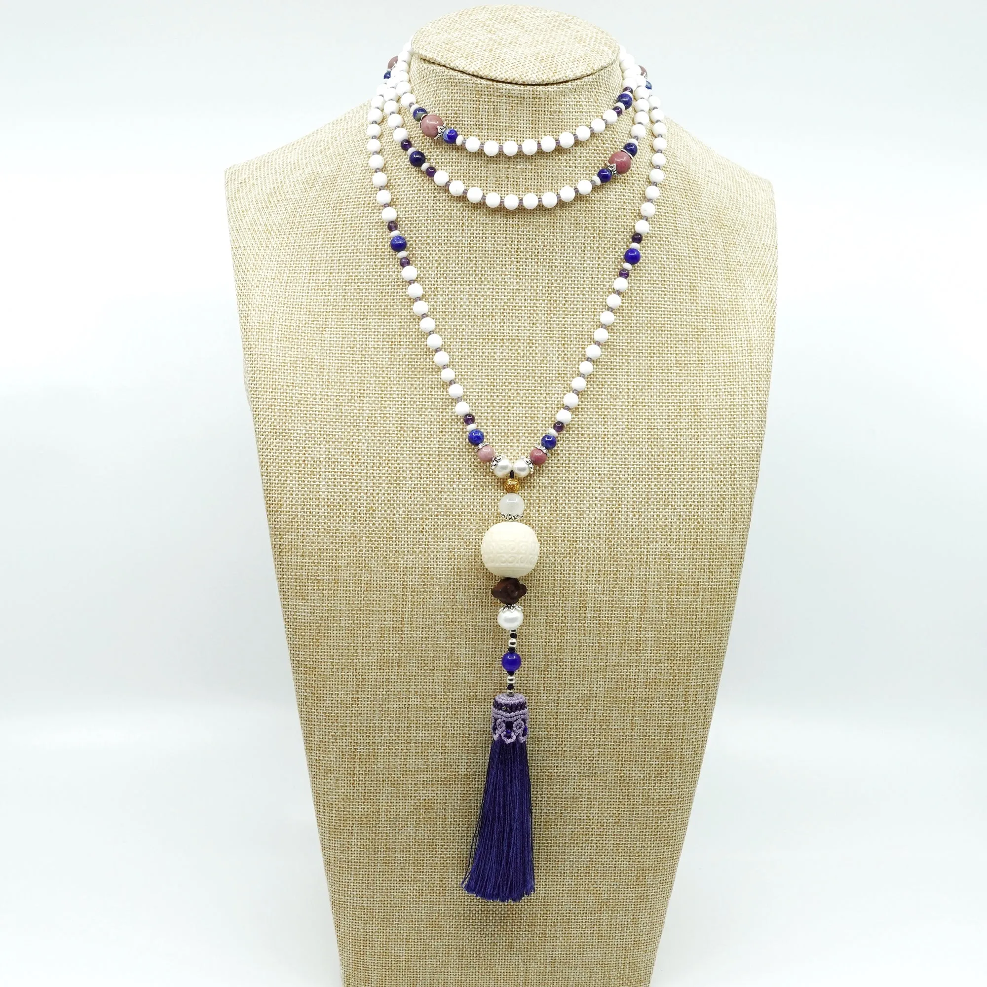 Beaded Tridacna and Amethyst Necklace with Blue Silk Tassel