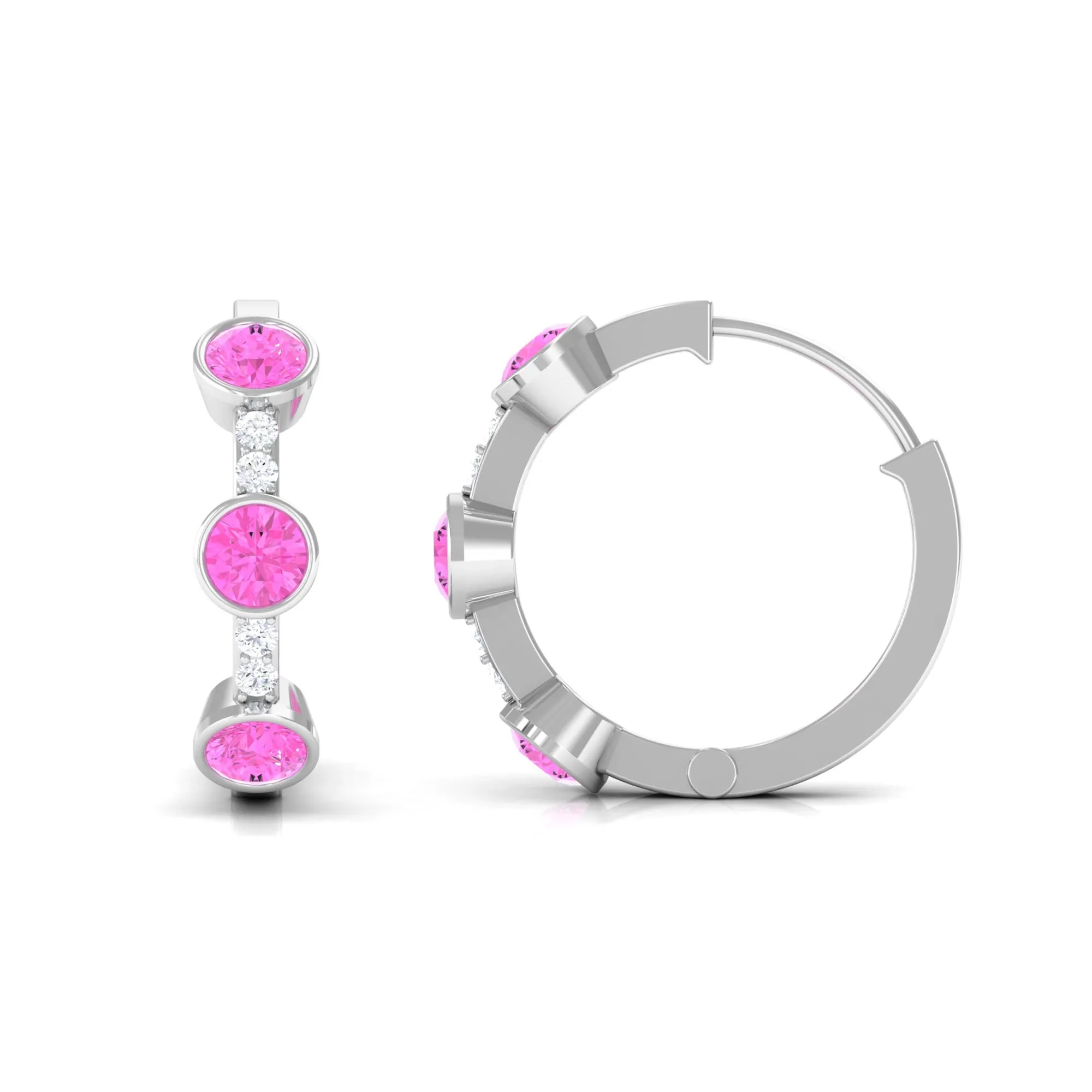 Bezel Set Pink Sapphire 3 Stone Hinged Hoop Earrings with Diamond