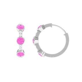 Bezel Set Pink Sapphire 3 Stone Hinged Hoop Earrings with Diamond