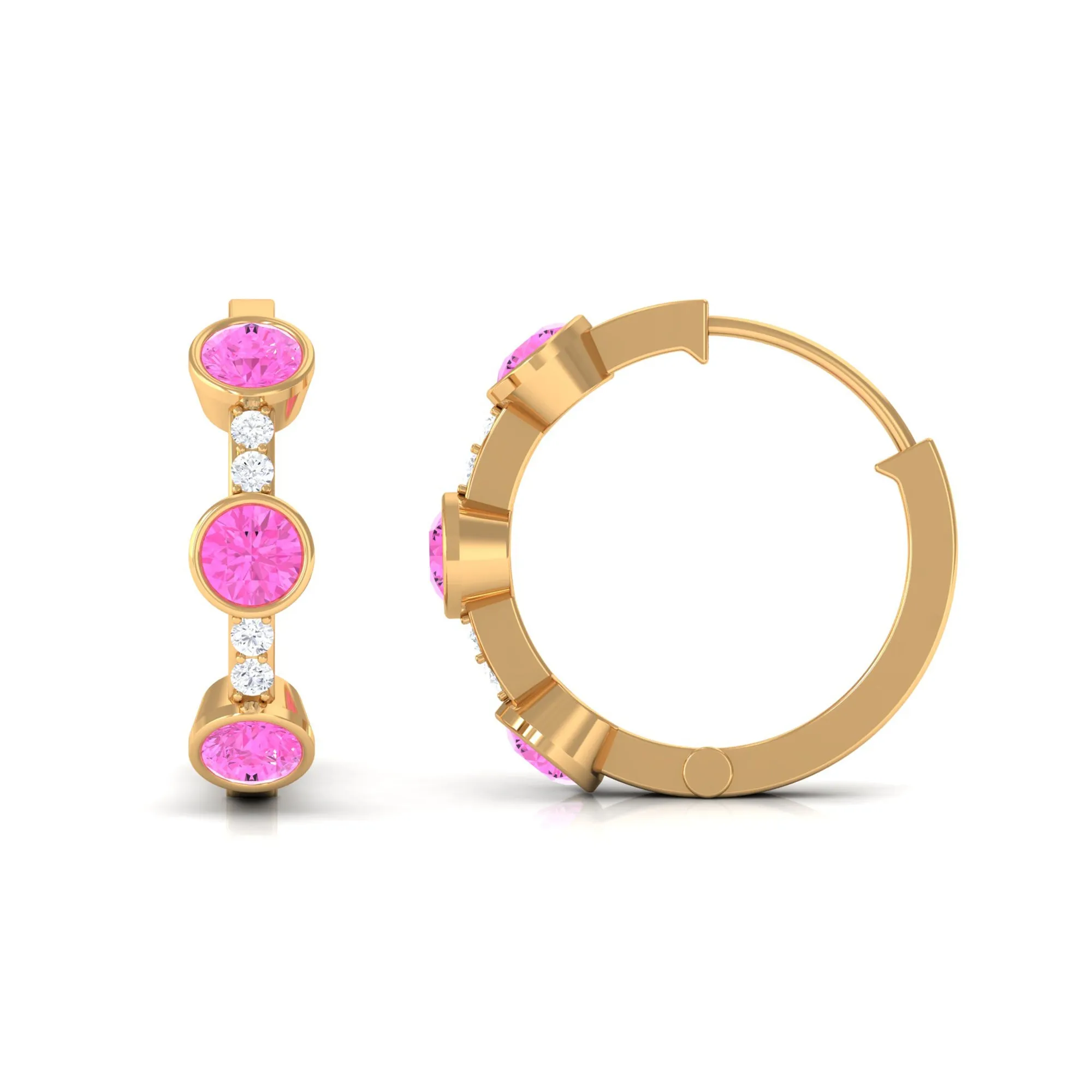 Bezel Set Pink Sapphire 3 Stone Hinged Hoop Earrings with Diamond