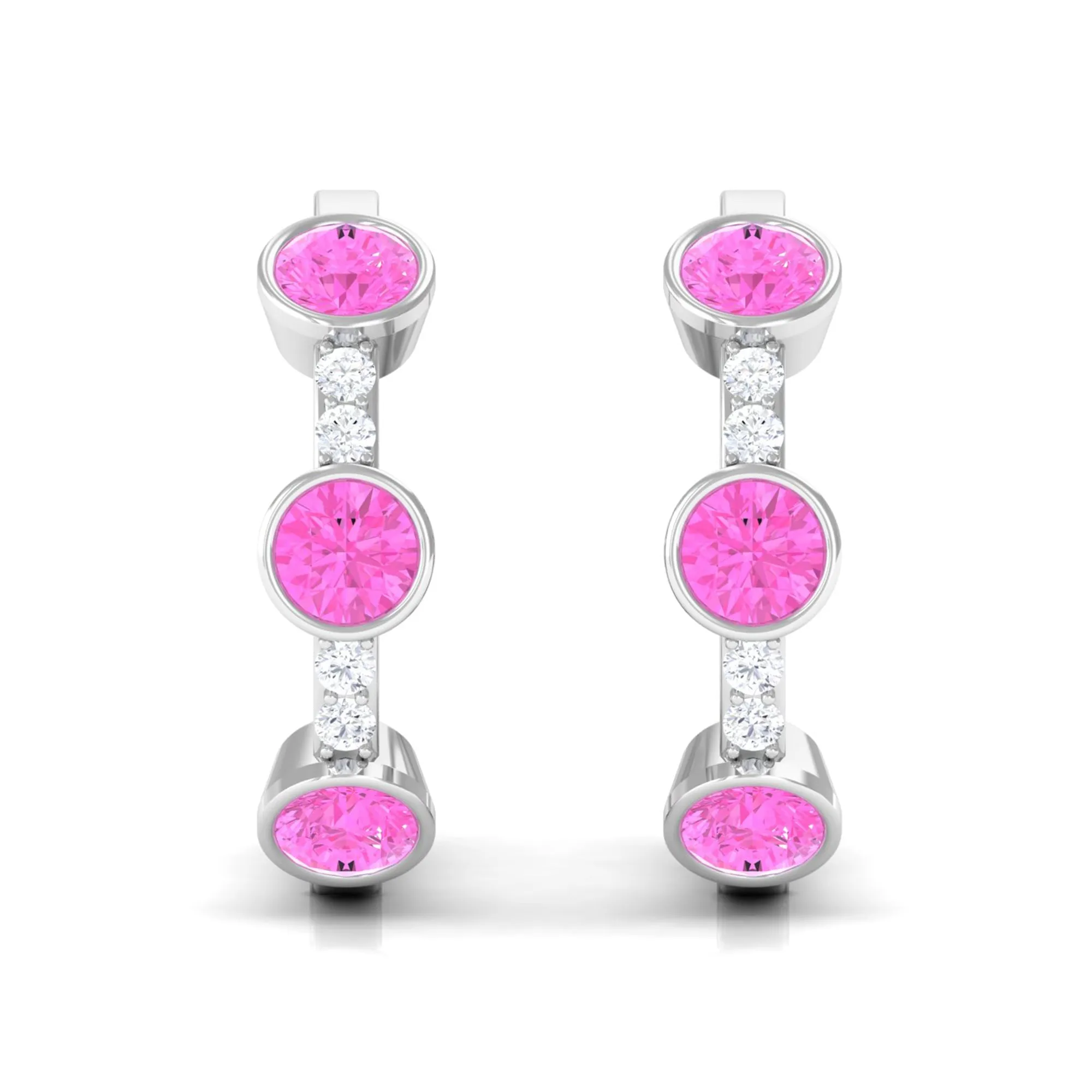 Bezel Set Pink Sapphire 3 Stone Hinged Hoop Earrings with Diamond