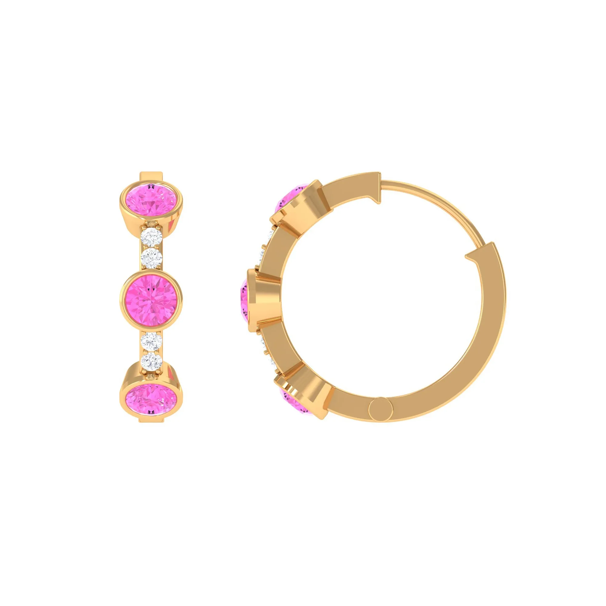 Bezel Set Pink Sapphire 3 Stone Hinged Hoop Earrings with Diamond