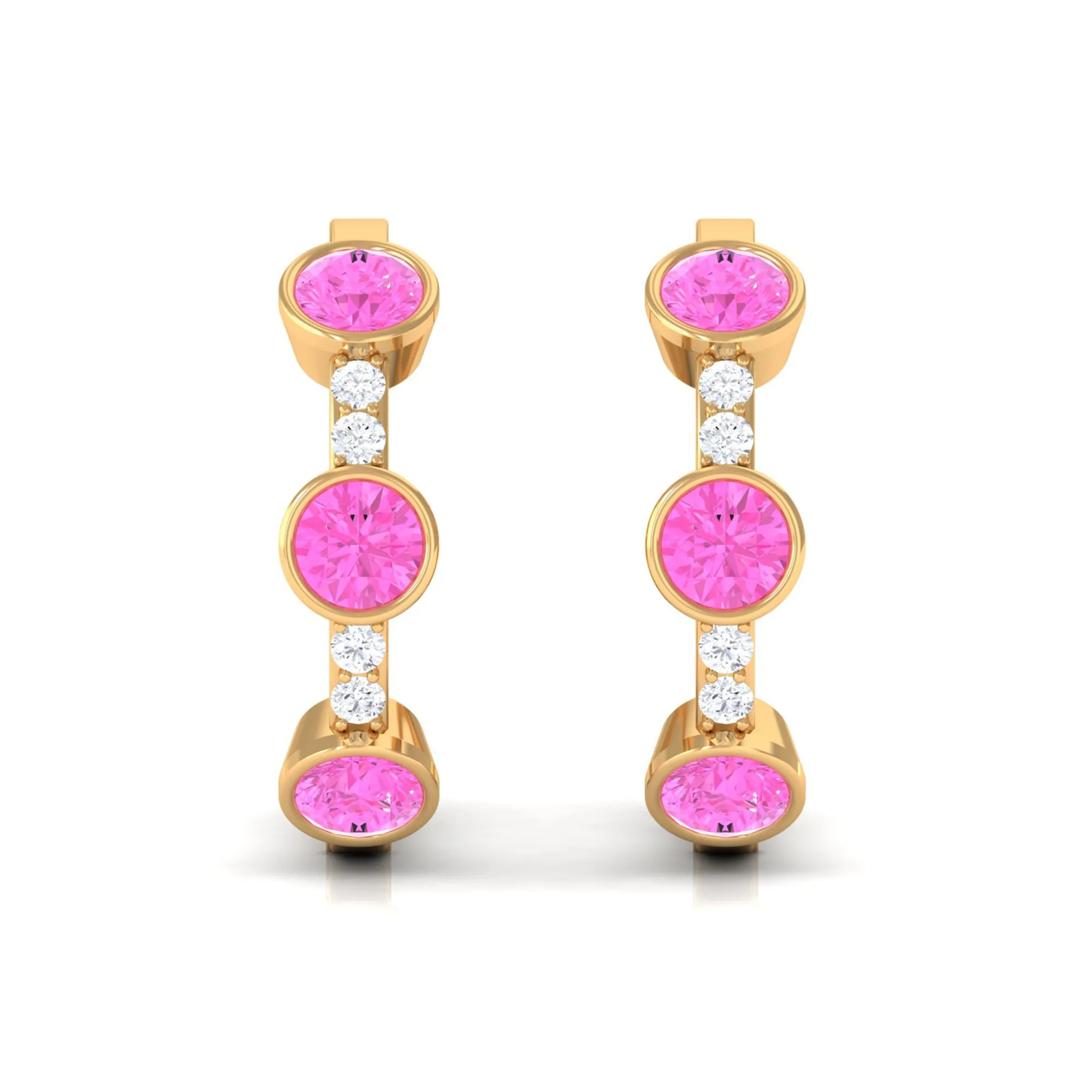 Bezel Set Pink Sapphire 3 Stone Hinged Hoop Earrings with Diamond