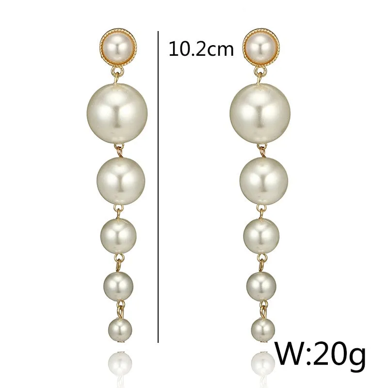 Big Simulated Pearl Long  Drop Earrings Elegant Pearls String