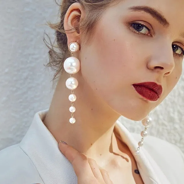 Big Simulated Pearl Long  Drop Earrings Elegant Pearls String