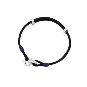 Black adjustable nylon bracelet with intertwined rings - silver