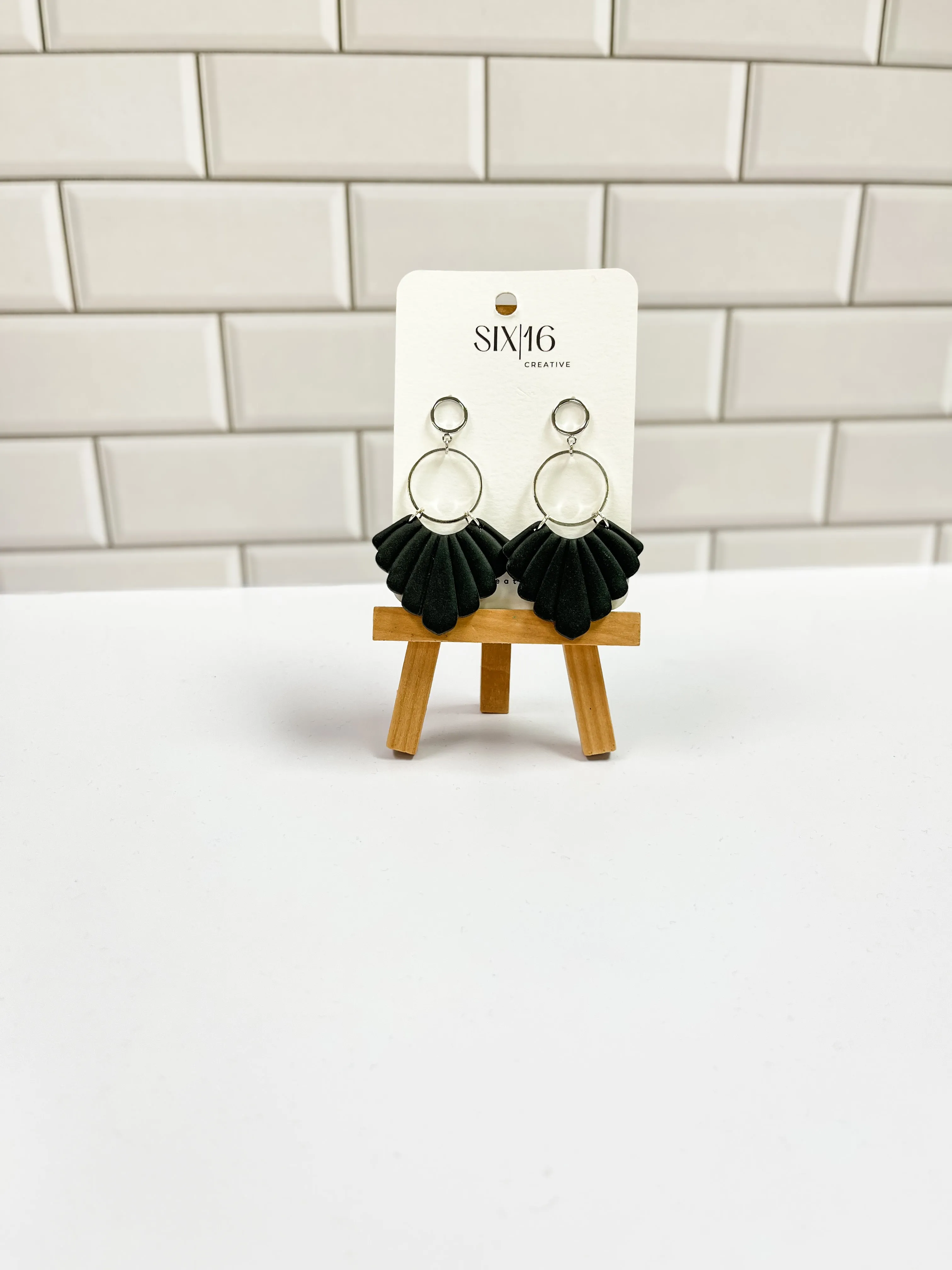 Black Fan Clay Earrings with Silver Accents