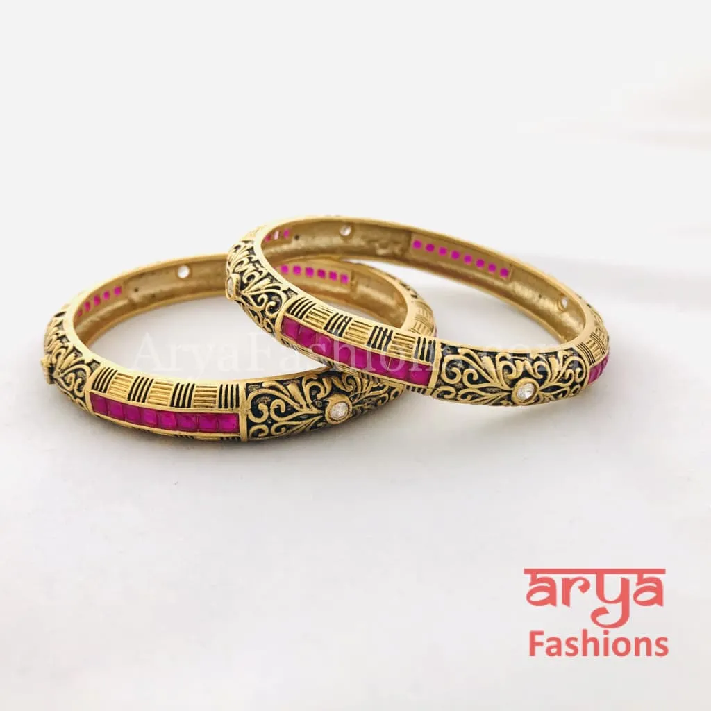 Black Meenakari Bangles with Ruby and White Stones, Pair of 2 Bangles