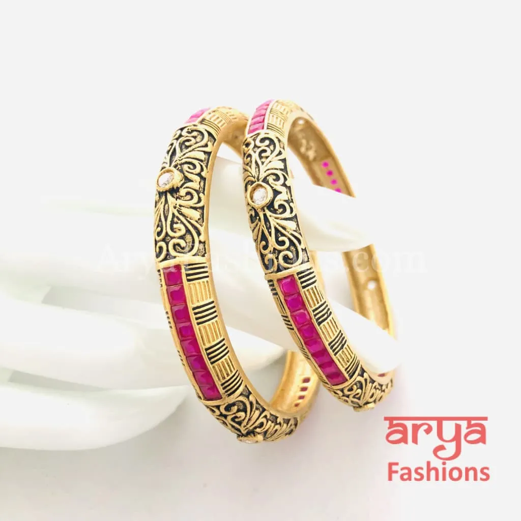 Black Meenakari Bangles with Ruby and White Stones, Pair of 2 Bangles