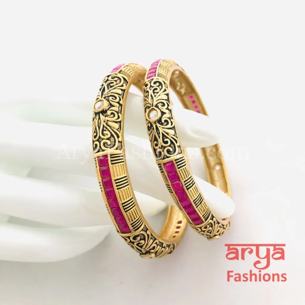 Black Meenakari Bangles with Ruby and White Stones, Pair of 2 Bangles