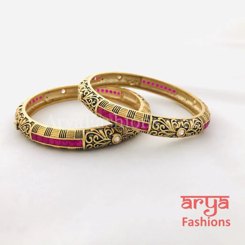 Black Meenakari Bangles with Ruby and White Stones, Pair of 2 Bangles