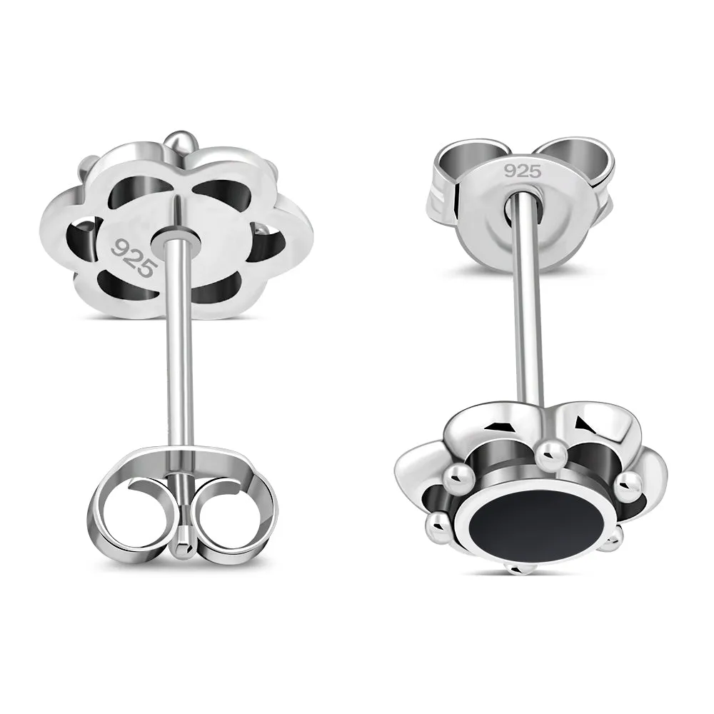 Black Onyx Flower Stud Silver Earrings