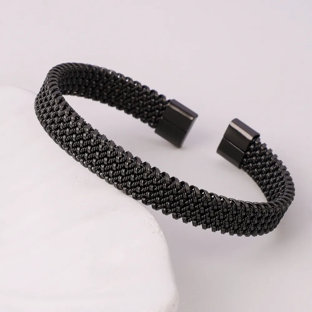 Black Plated Twisted Stainless Steel Cuff Bracelet For Men