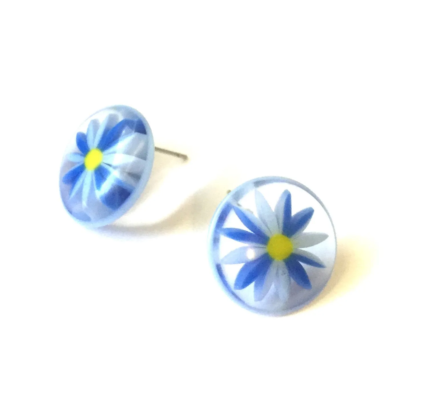 Blue and Clear Daisy Flower Disc Stud Earrings