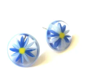 Blue and Clear Daisy Flower Disc Stud Earrings