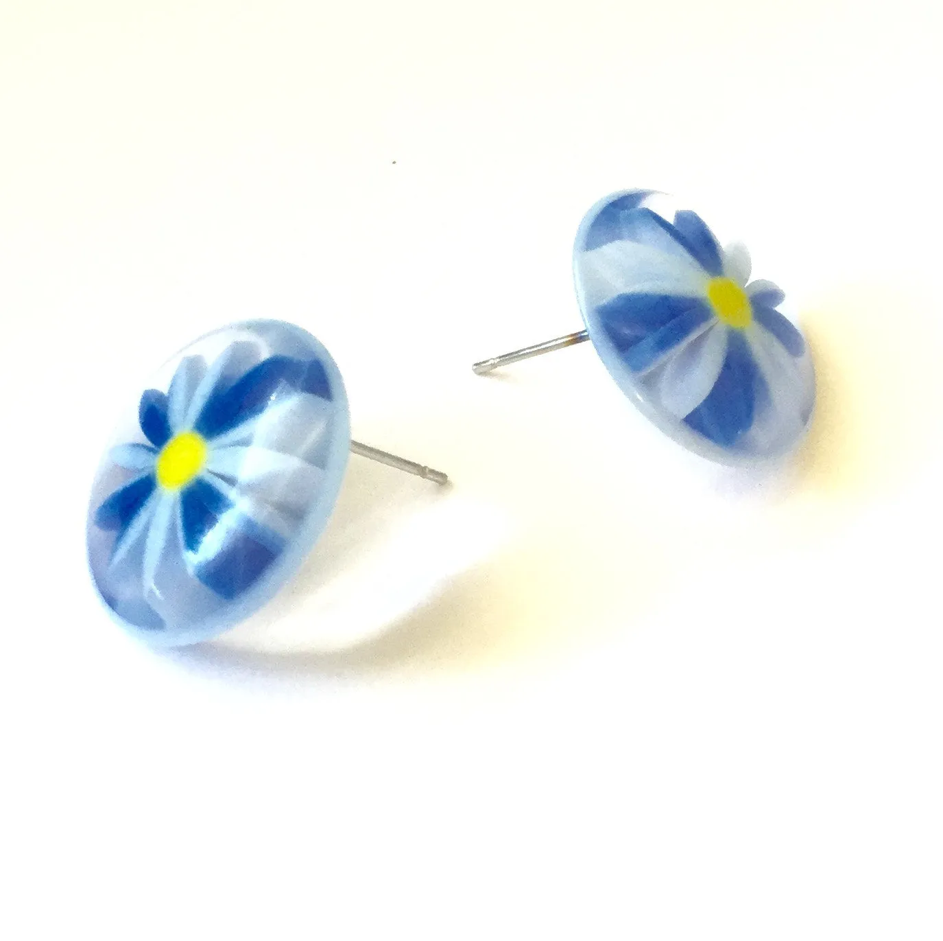 Blue and Clear Daisy Flower Disc Stud Earrings