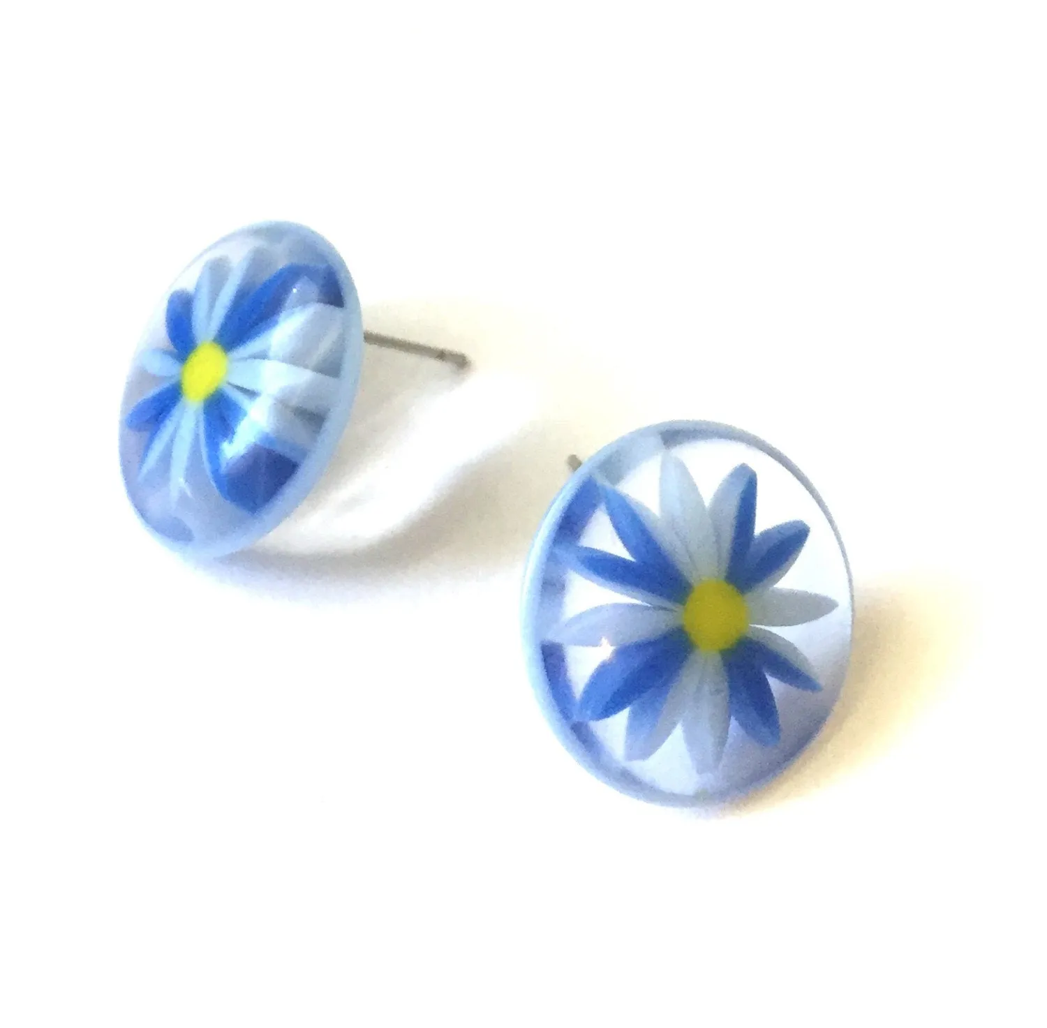 Blue and Clear Daisy Flower Disc Stud Earrings