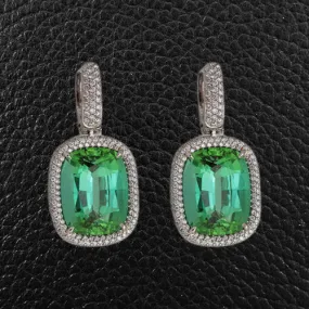 Blue-Green Tourmaline & Diamond Drop Earrings