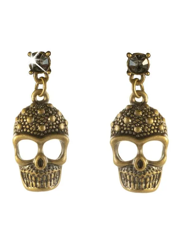 Brass Skull Rhinestones Halloween Earrings