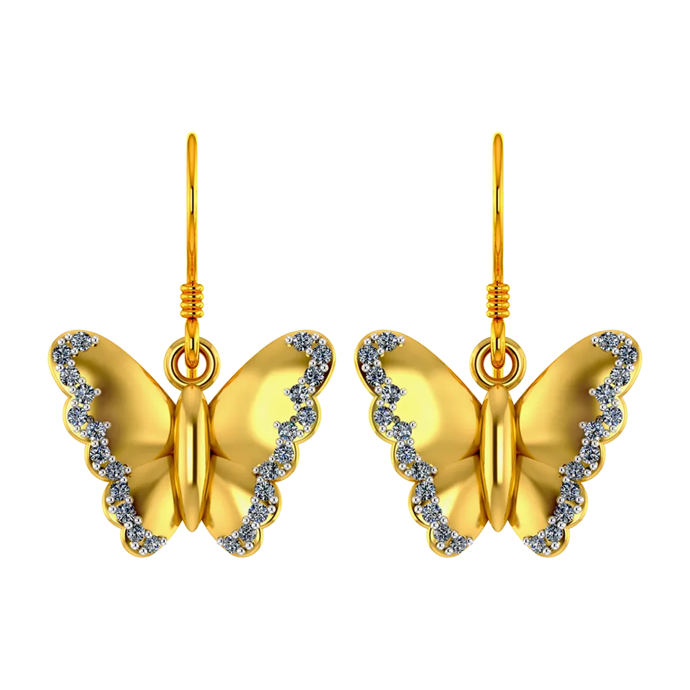 Butterfly Themed Gold And Diamond Earrings