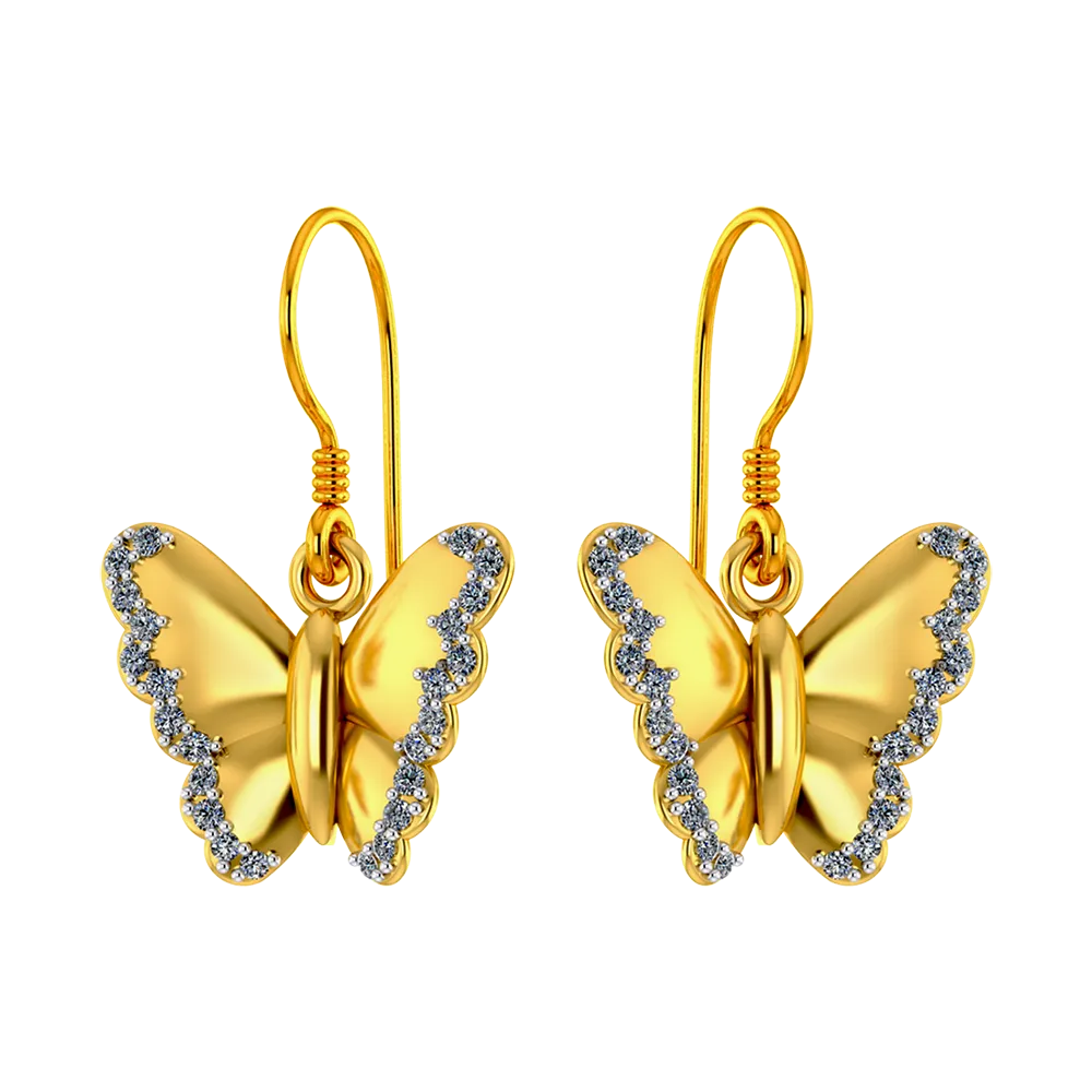 Butterfly Themed Gold And Diamond Earrings