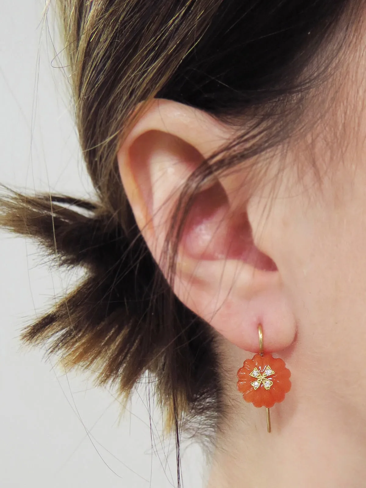 Carnelian Flower Bead Wildflower Overlay Yellow Gold Earrings