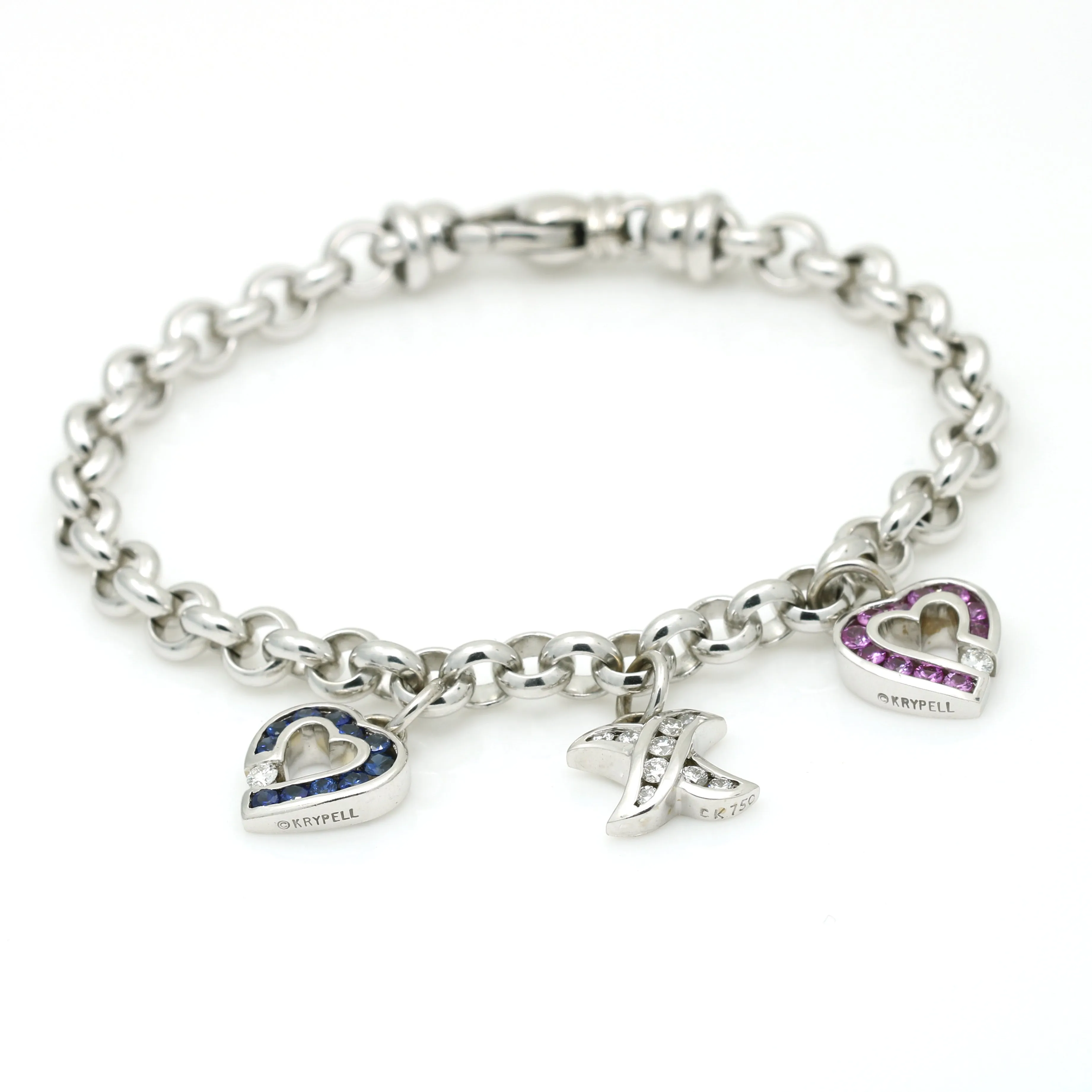 Charles Krypell Sapphire Diamond Charm Bracelet - 18k White Gold - Pink and Blue