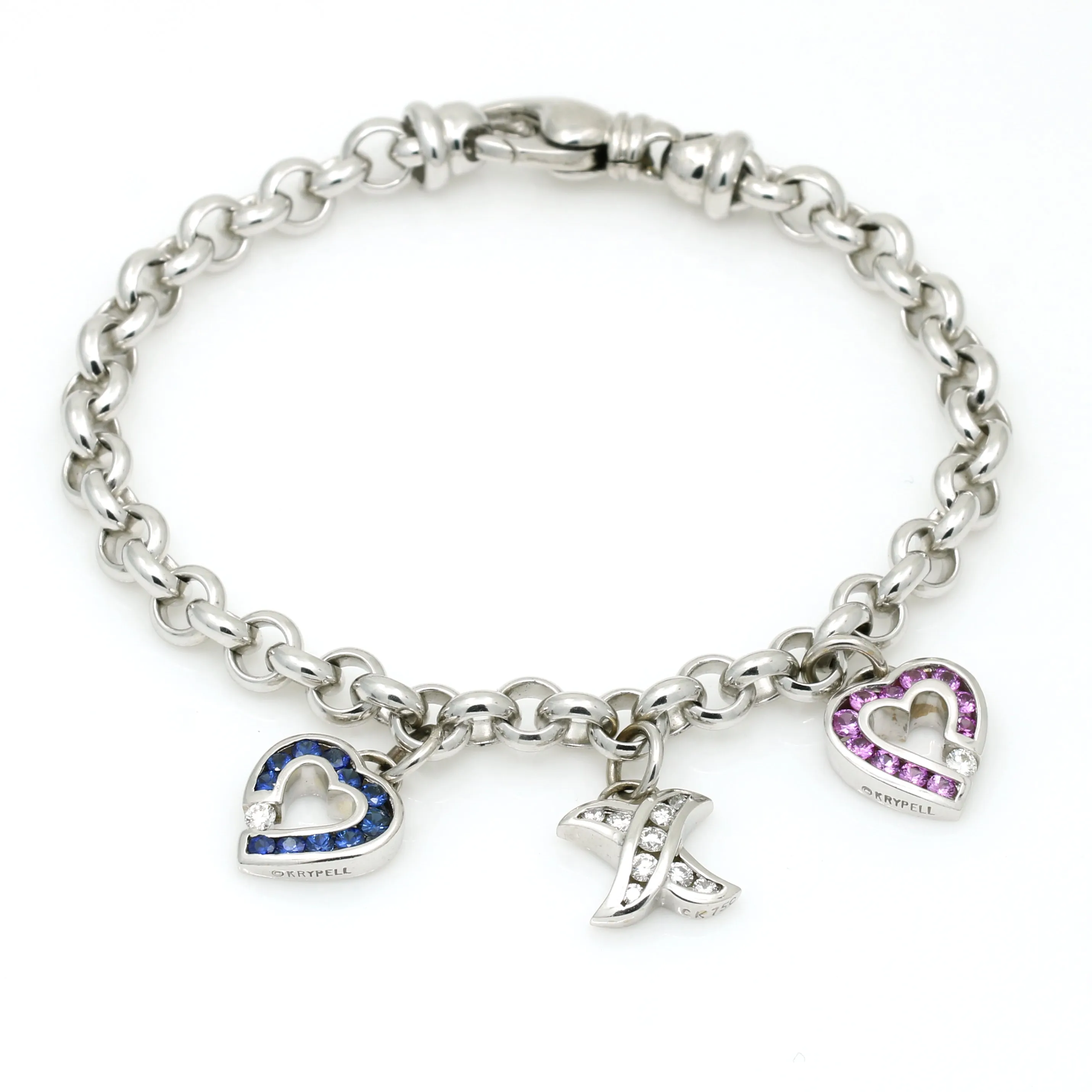 Charles Krypell Sapphire Diamond Charm Bracelet - 18k White Gold - Pink and Blue