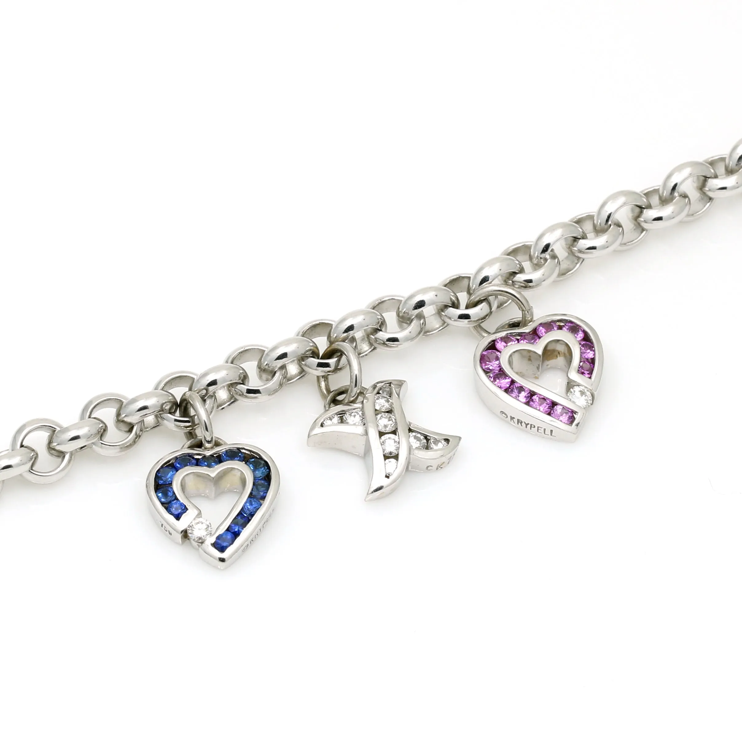 Charles Krypell Sapphire Diamond Charm Bracelet - 18k White Gold - Pink and Blue