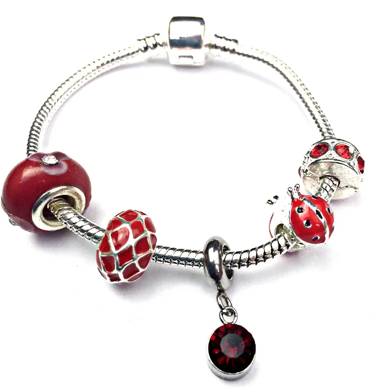 Children's 'July Birthstone' Ruby Coloured Crystal Silver Plated Charm Bead Bracelet