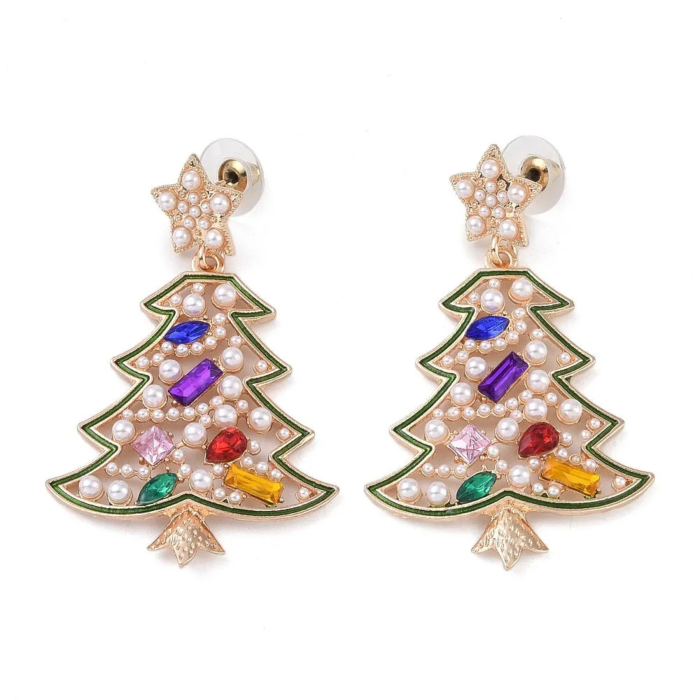 Christmas Tree Alloy Colorful Rhinestone & Plastic Pearl Dangle Stud Earrings for Women, Light Gold Size: about 36mm wide, 59mm long.