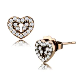 CJ085 Wholesale Women's Stainless Steel IP Rose Gold AAA Grade CZ Clear Lock Heart Earrings