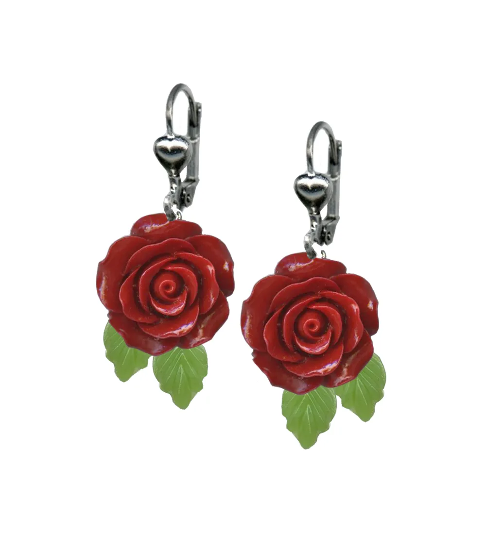 Classic Hardware Red Rose with Leaves Dangle Earrings