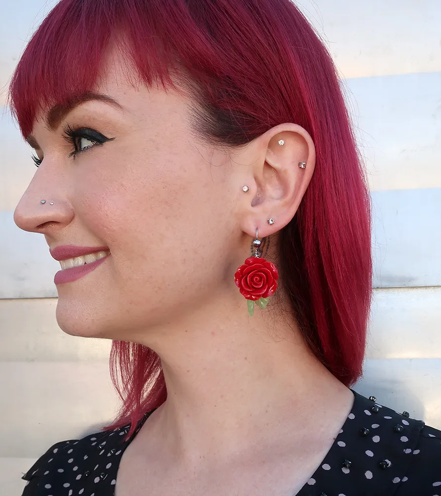 Classic Hardware Red Rose with Leaves Dangle Earrings