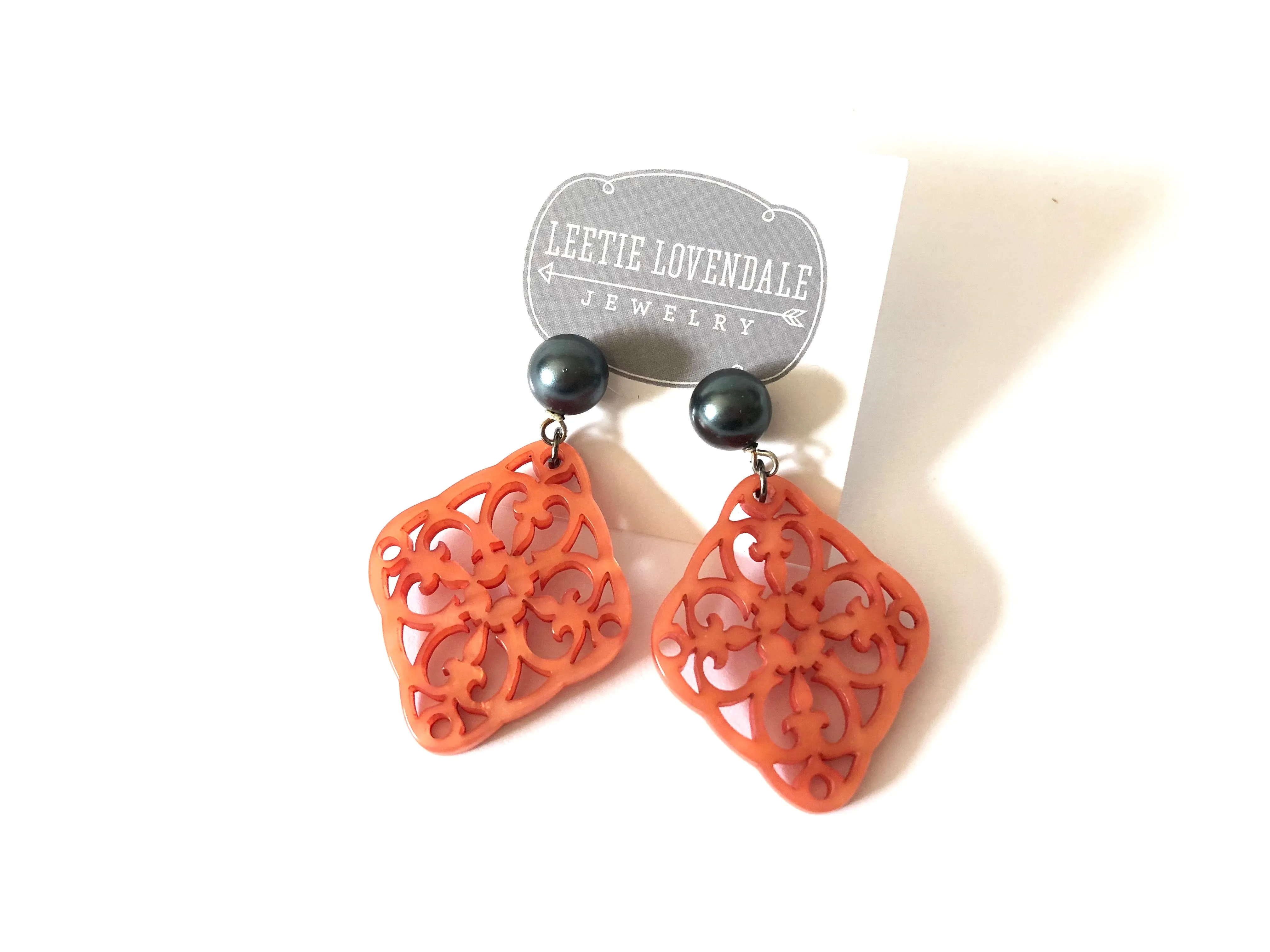 Coral & Slate Grey Pearl Bohemian Lace Medallion Earrings