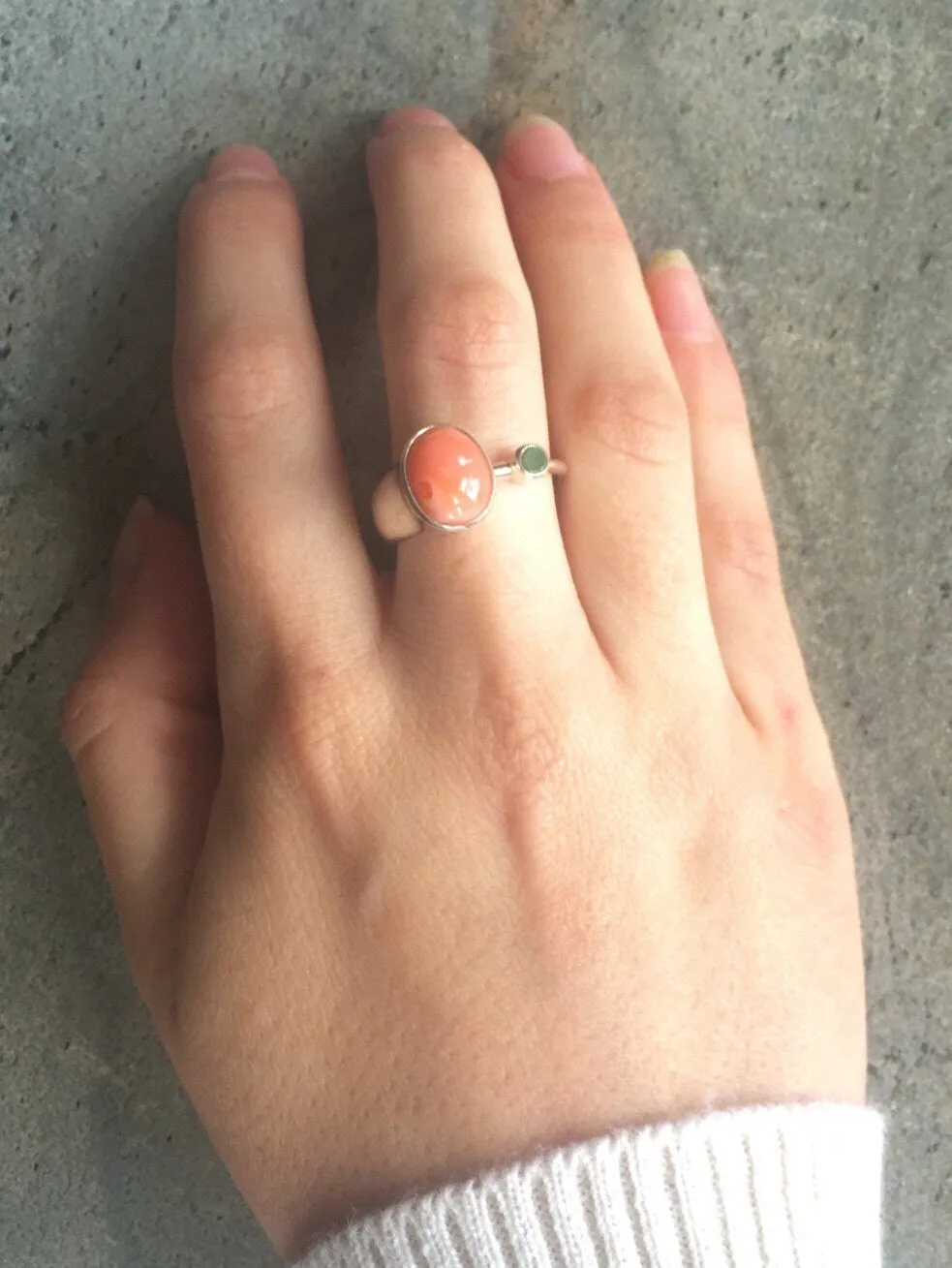 Coral Silver Ring - Two Stone Ring - Orange Statement Ring