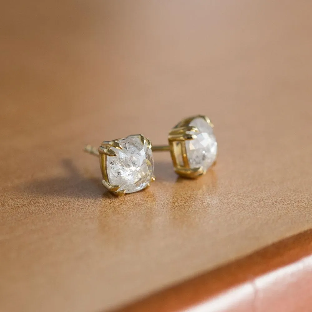 Cushion Rosecut Diamond Earrings in 18k Yellow Gold Double Prong Settings - 2.68ctw