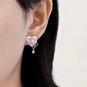 Cute Pink Crystal Dangle Heart Earrings