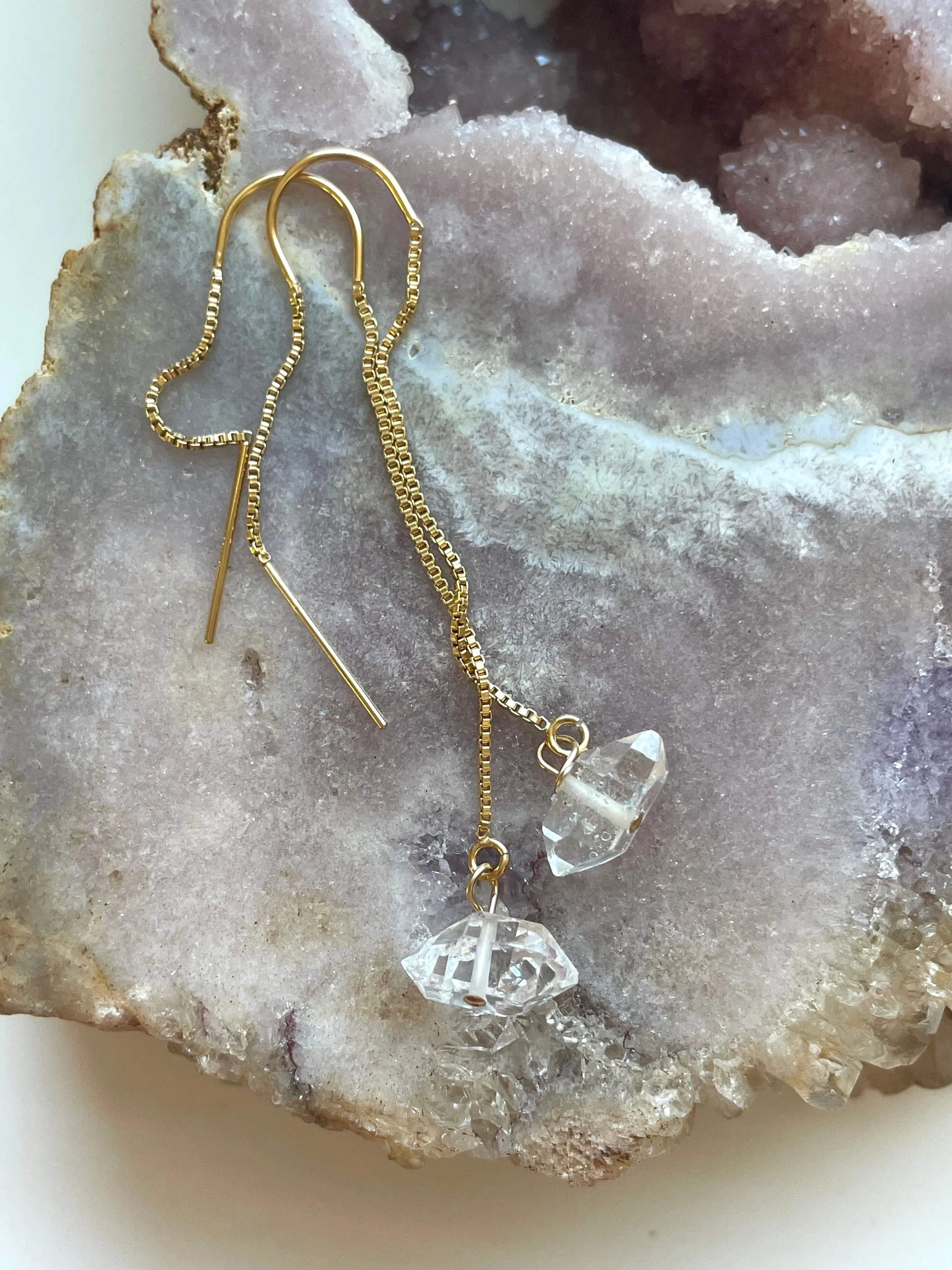 Dangle Herkimer Diamond Threader Earrings Gold Filled or Sterling Silver