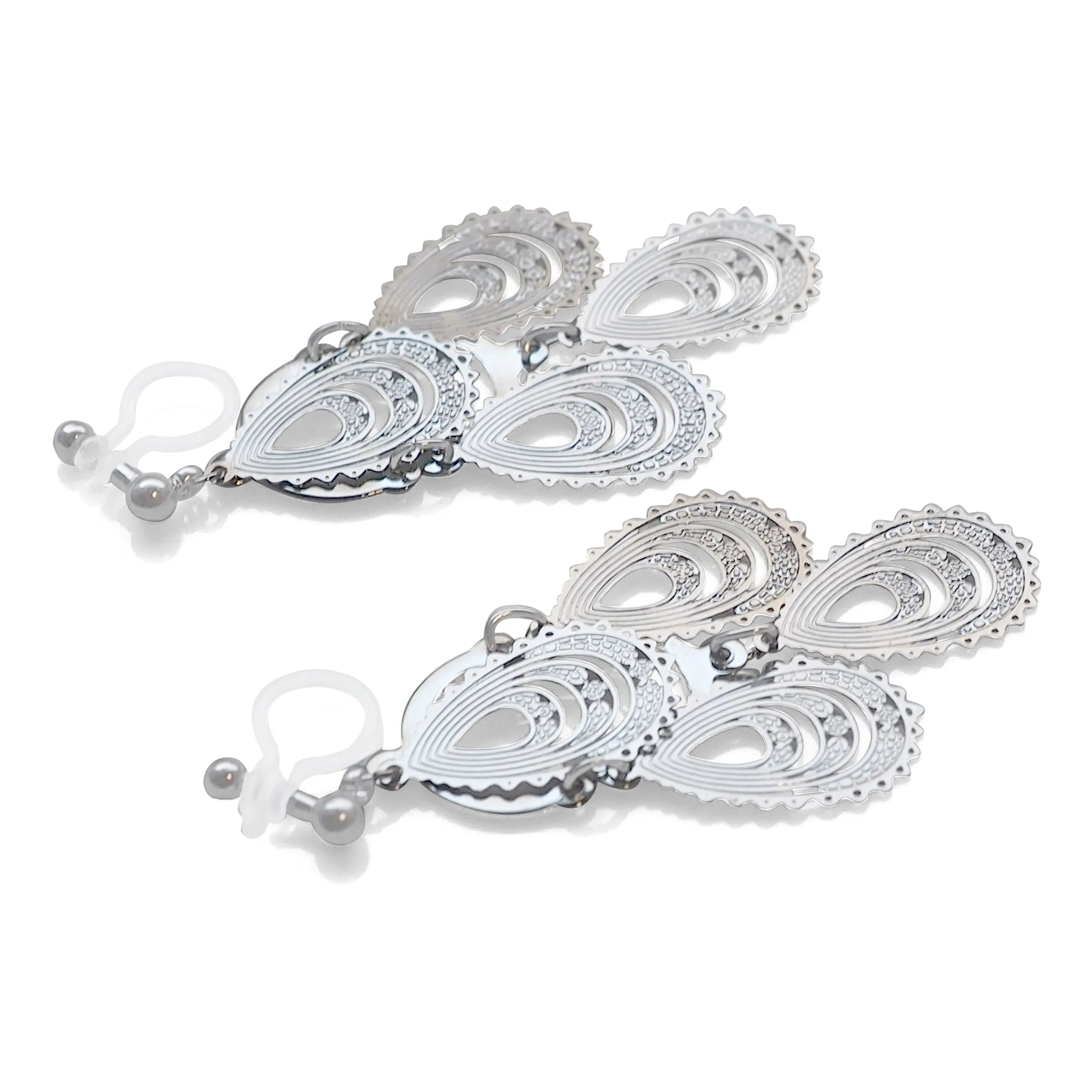 Dangle teardrop silver filigree invisible clip on earrings