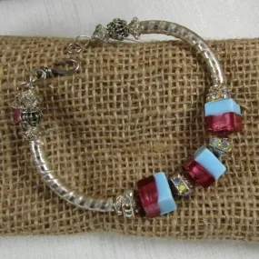 Designer Ruby Aqua Cube & Silver Bangle Bracelet