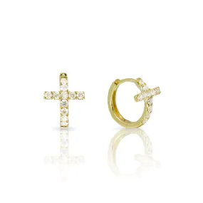 Diamond Cross Hoop Earrings in Yellow Gold