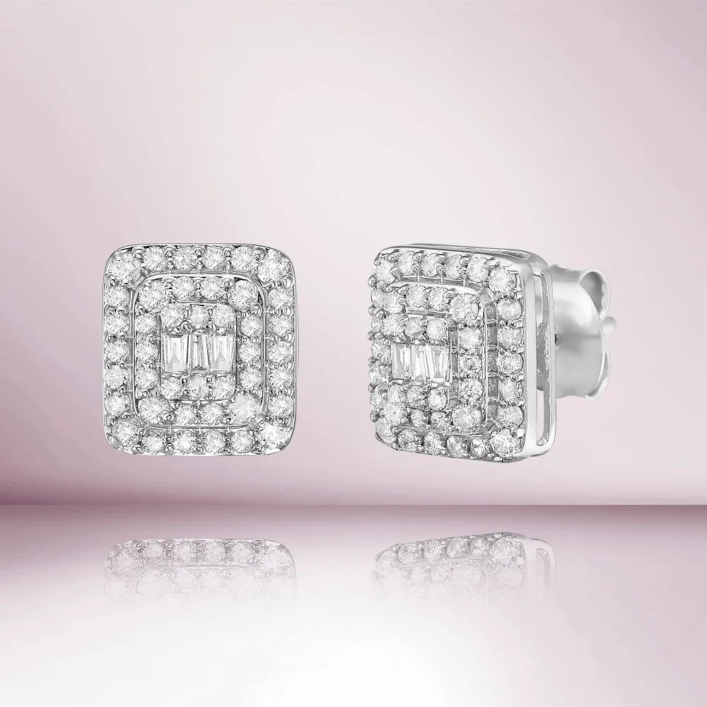 Diamond Double Halo Square Shape Studs Earrings (0.75 ct.) in 14K Gold