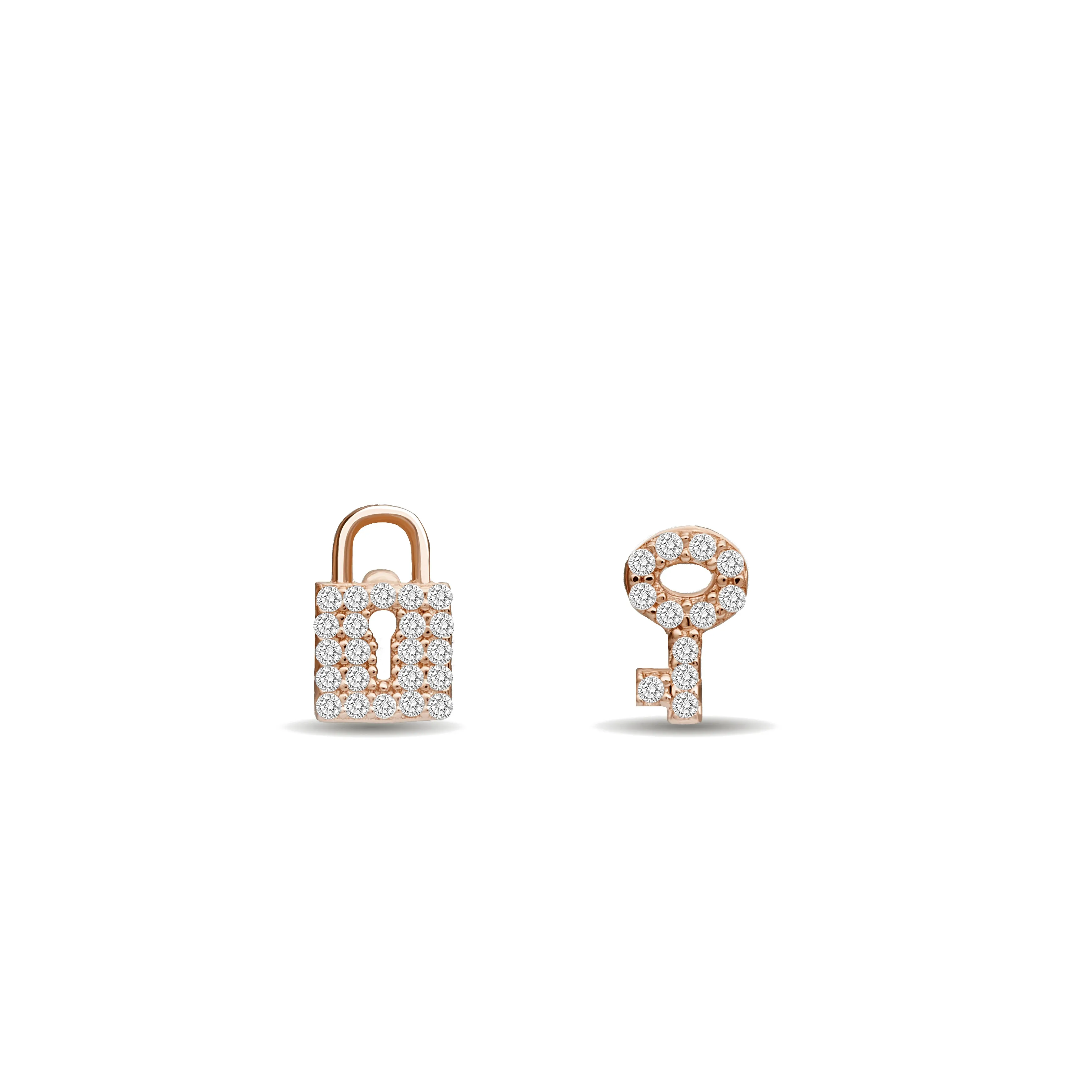 Diamond Pave Lock & Key Stud Earring - 14 karat gold diamond earring studs, diamonds 0.17ct