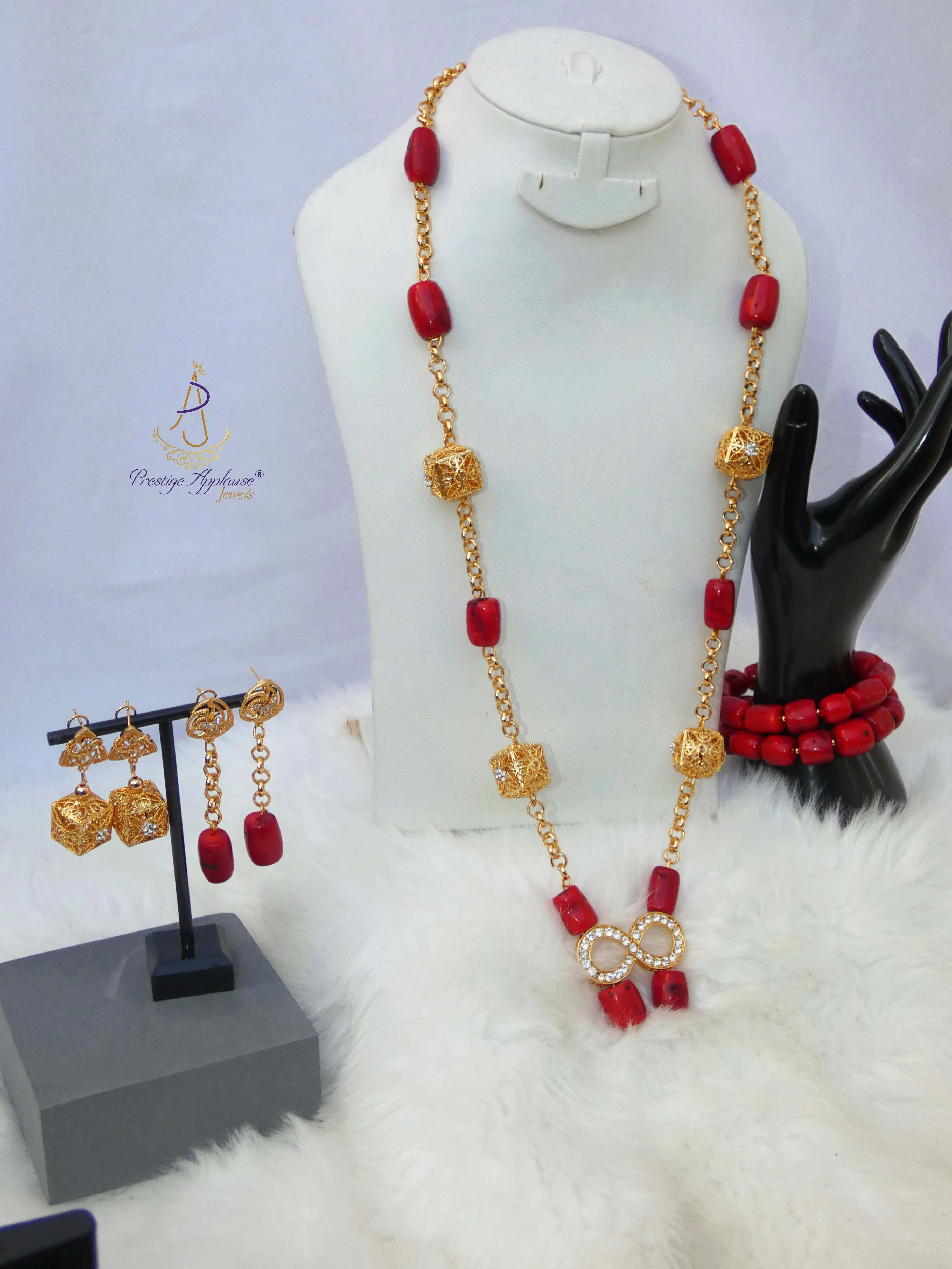 Elongated New Design Red Authentic Traditional Coral Beads with Gold Plated Necklace Jewellery Set